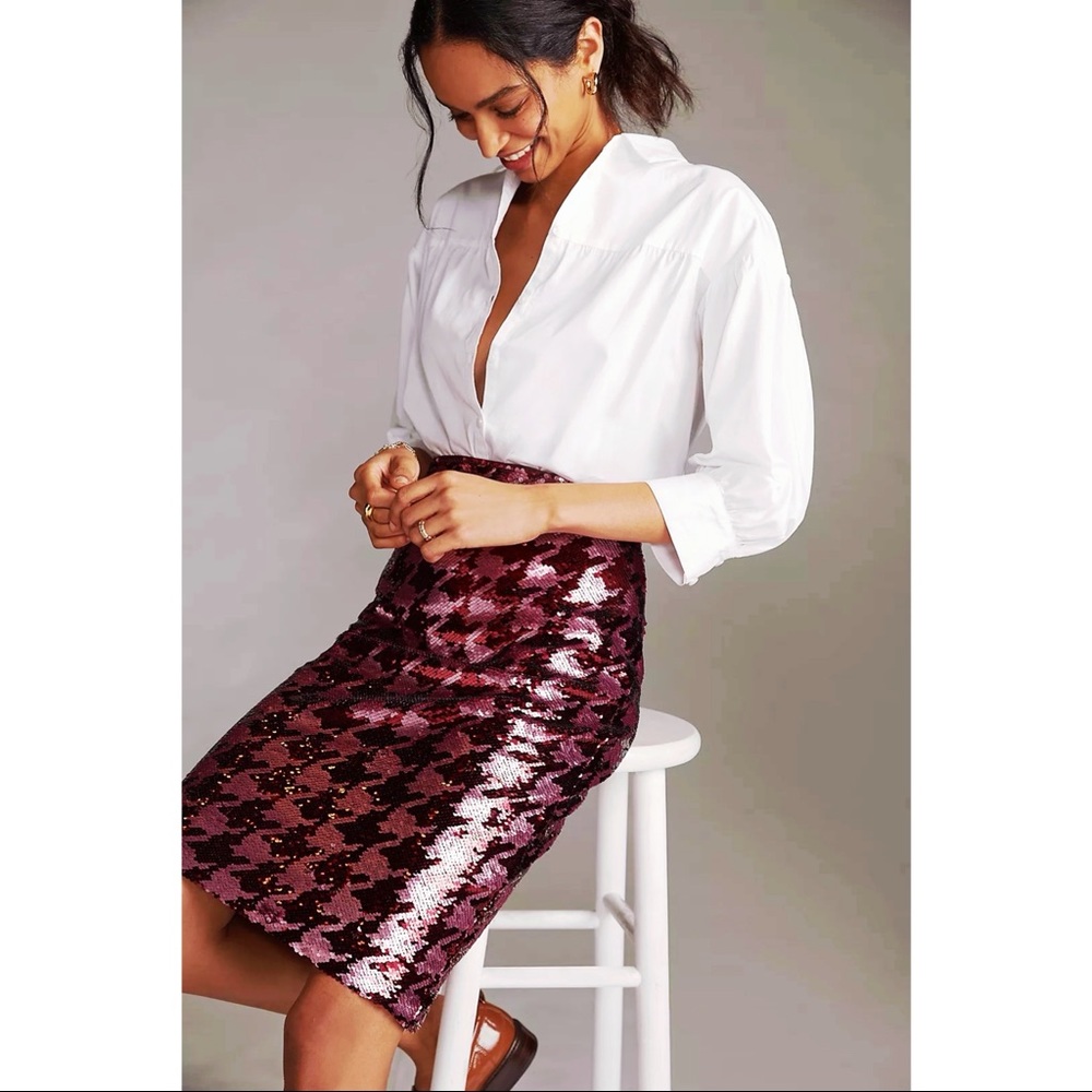 Anthropologie Maeve Houndstooth Sequin Pencil Skirt sz 6 Pink Burgundy Wine